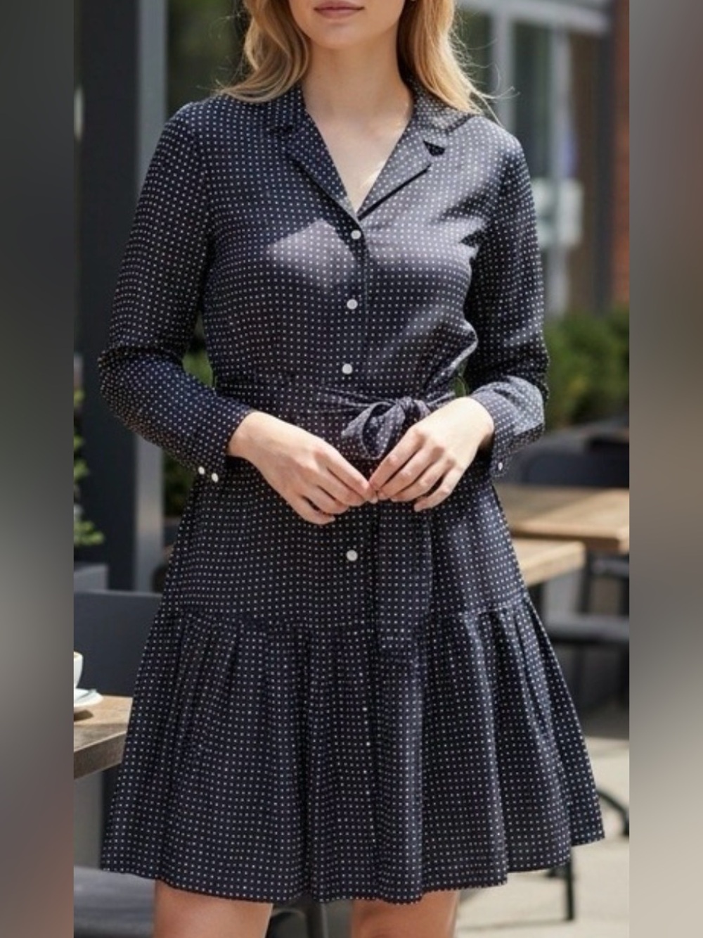 Free Assembly Silky Navy Polka Dot Shirt Dress with Tie Waist - Picture 2 of 6
